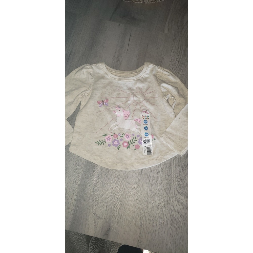 Roots & Threads Baby Girls Unicorn Floral Long Sleeve Tee Cream 12M NWT